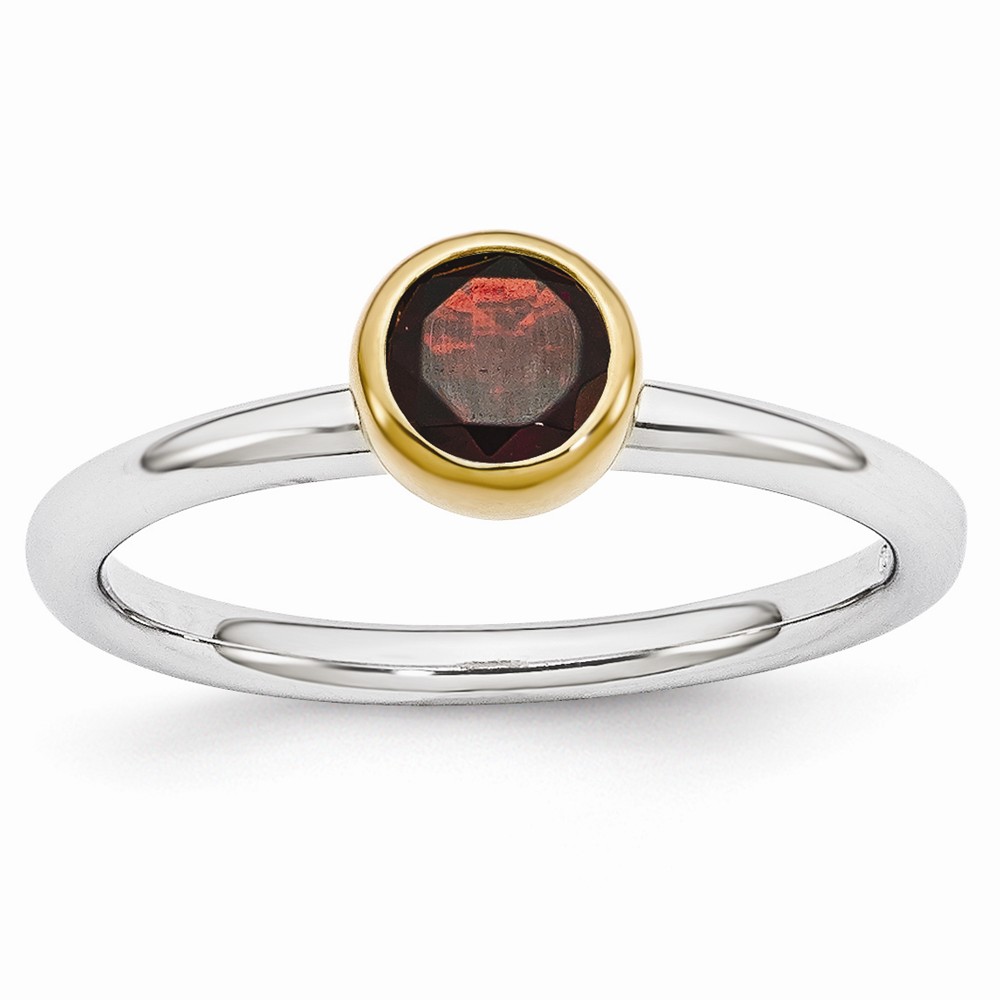 Two Tone Sterling Silver Stackable 5mm Round Garnet Ring