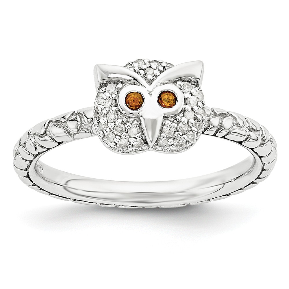 Sterling Silver, Garnet & .135 Ctw I3 H-I Diamond 7mm Owl Stack Ring