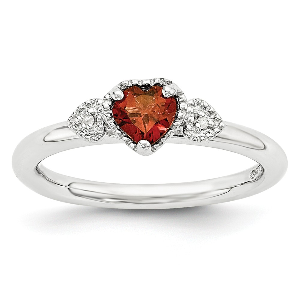 Sterling Silver, Garnet & .01 Ctw I3 H-I Diamond Stackable Hearts Ring