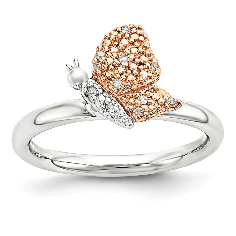 Sterling Silver/Rose Tone .05 Ctw Diamond 10mm Butterfly Stack Ring
