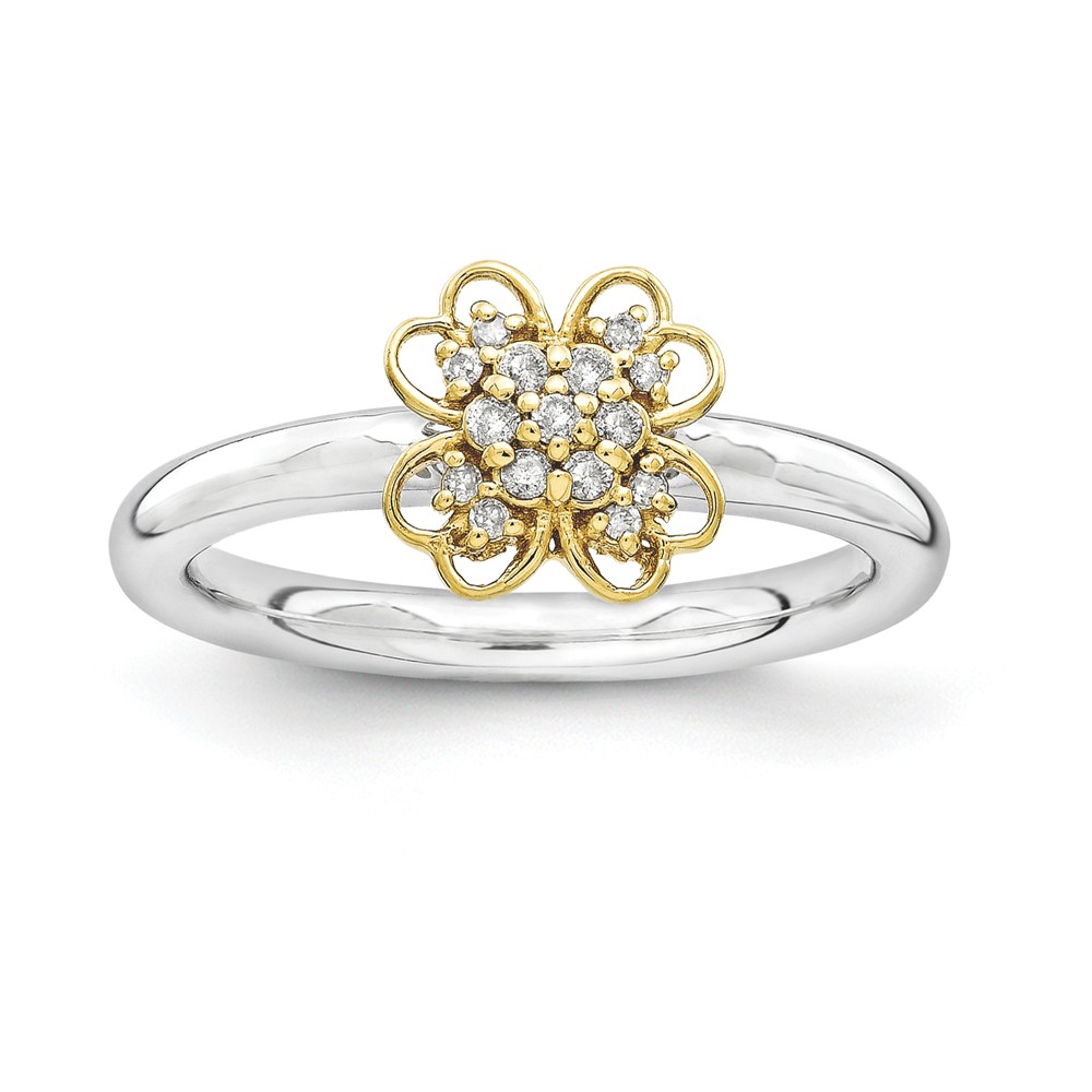 Sterling Silver & 14k YG-Plated .11 Ctw Diamond 8mm Flower Stack Ring