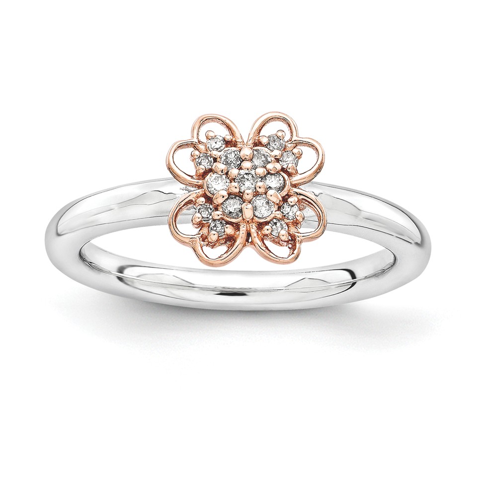 Sterling Silver, 14k Rose Gold Plated & Diamond 8mm Flower Stack Ring