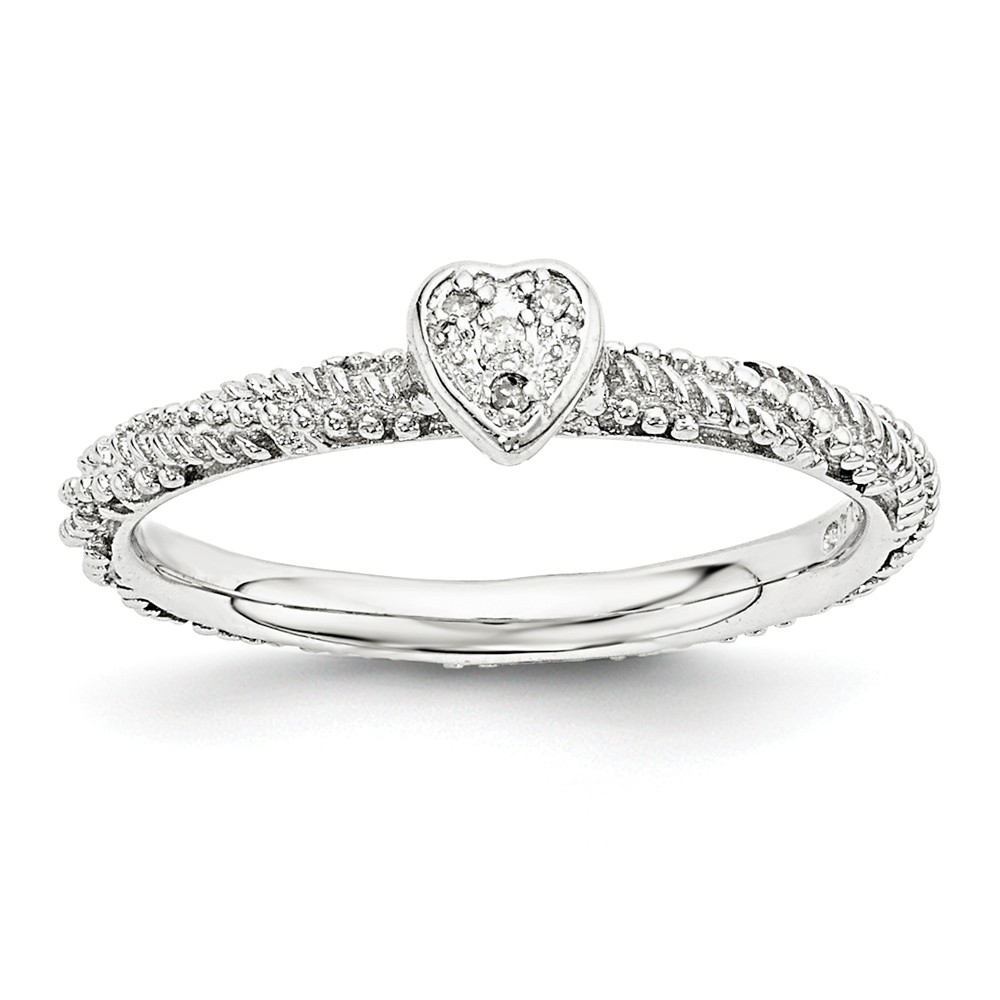 Rhodium Sterling Silver .02 Ctw I3 H-I Diamond 5mm Heart Stack Ring