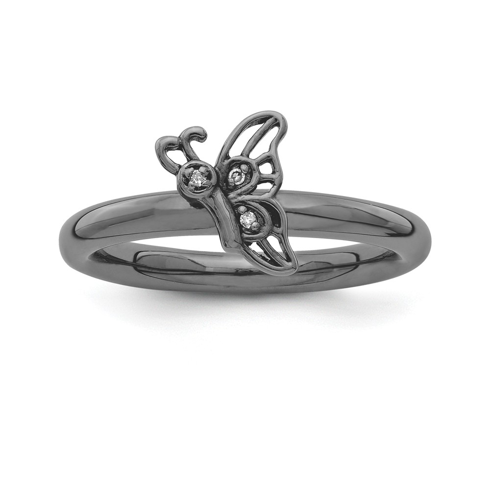Black Plated Sterling Silver .015Ctw Diamond 9mm Butterfly Stack Ring