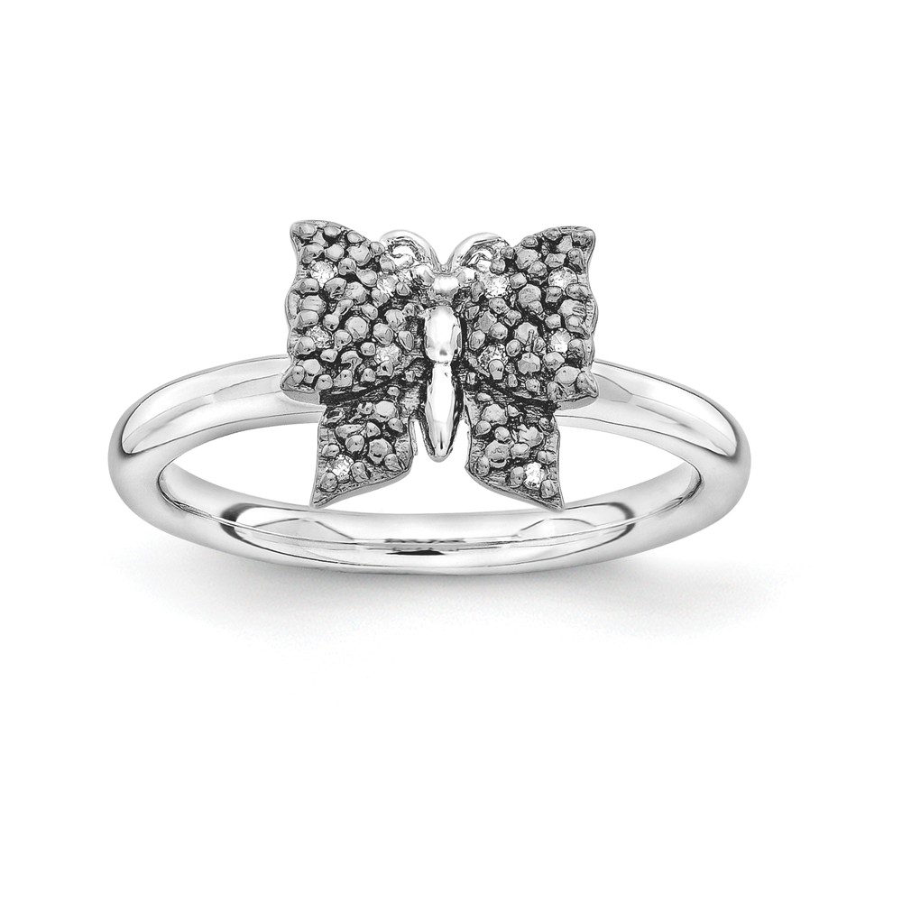 Sterling Silver/Black Plated .05Ctw Diamond 9mm Butterfly Stack Ring