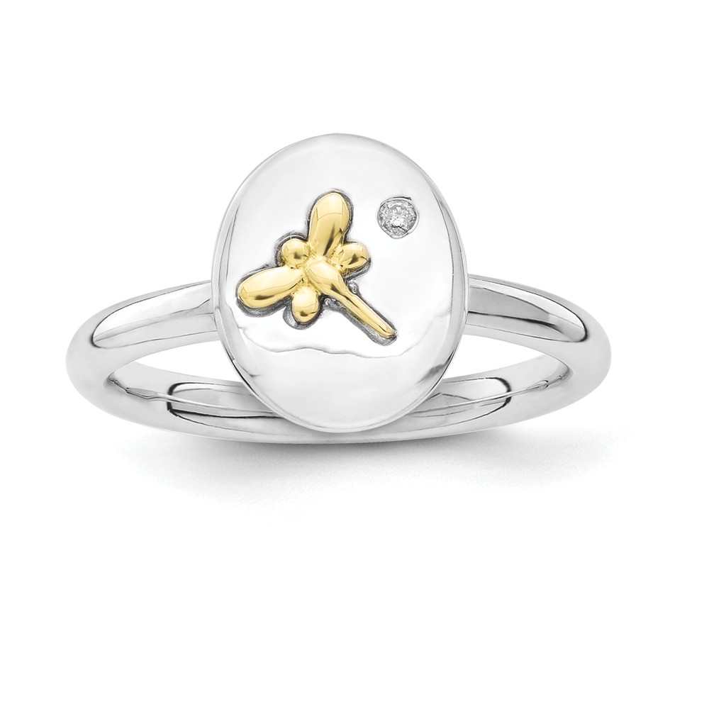 Sterling Silver, 14k Gold Dragonfly & Diamond 12mm Oval Stackable Ring