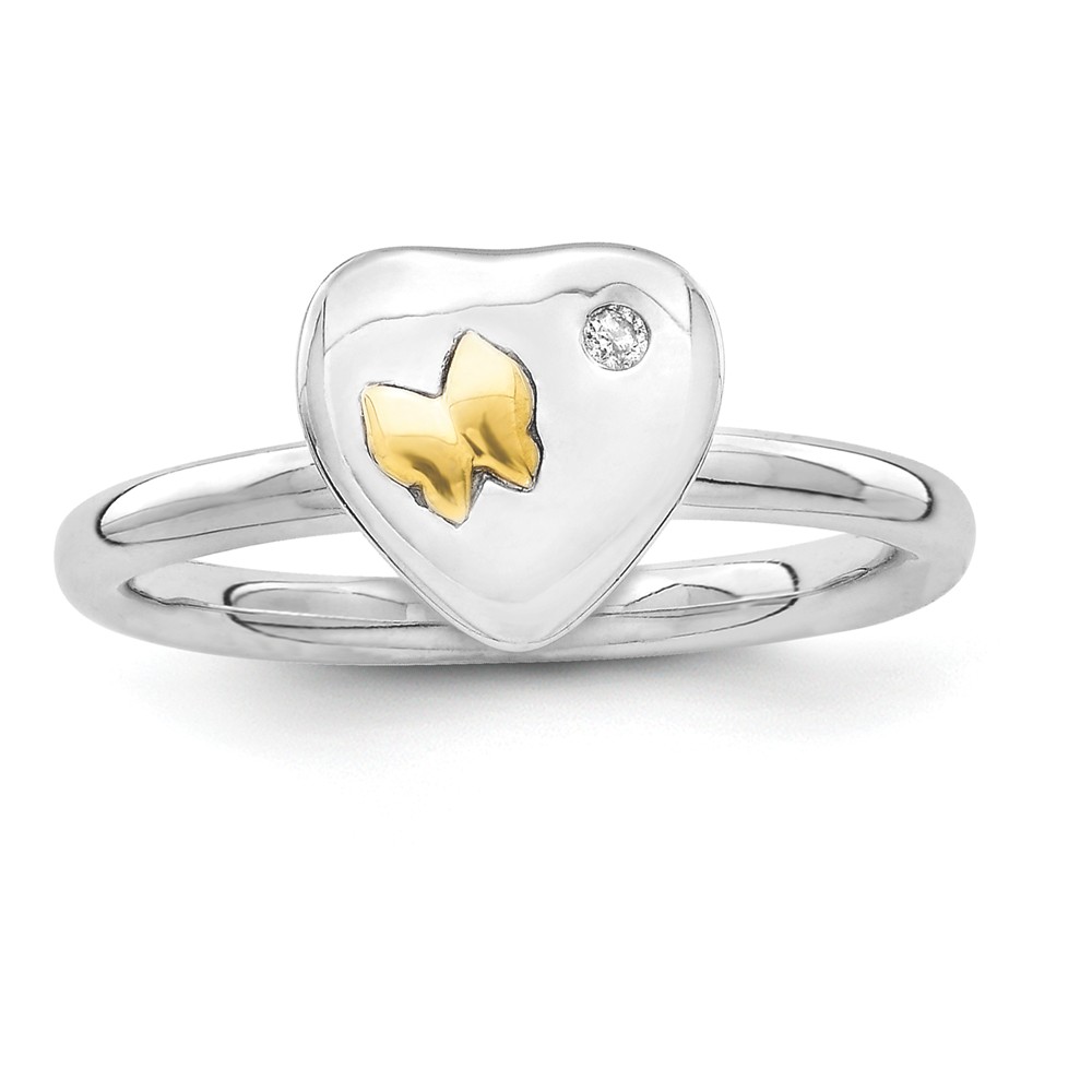 Sterling Silver 14k Gold Butterfly .015 Ct H-I Diamond Heart Ring Sz 9