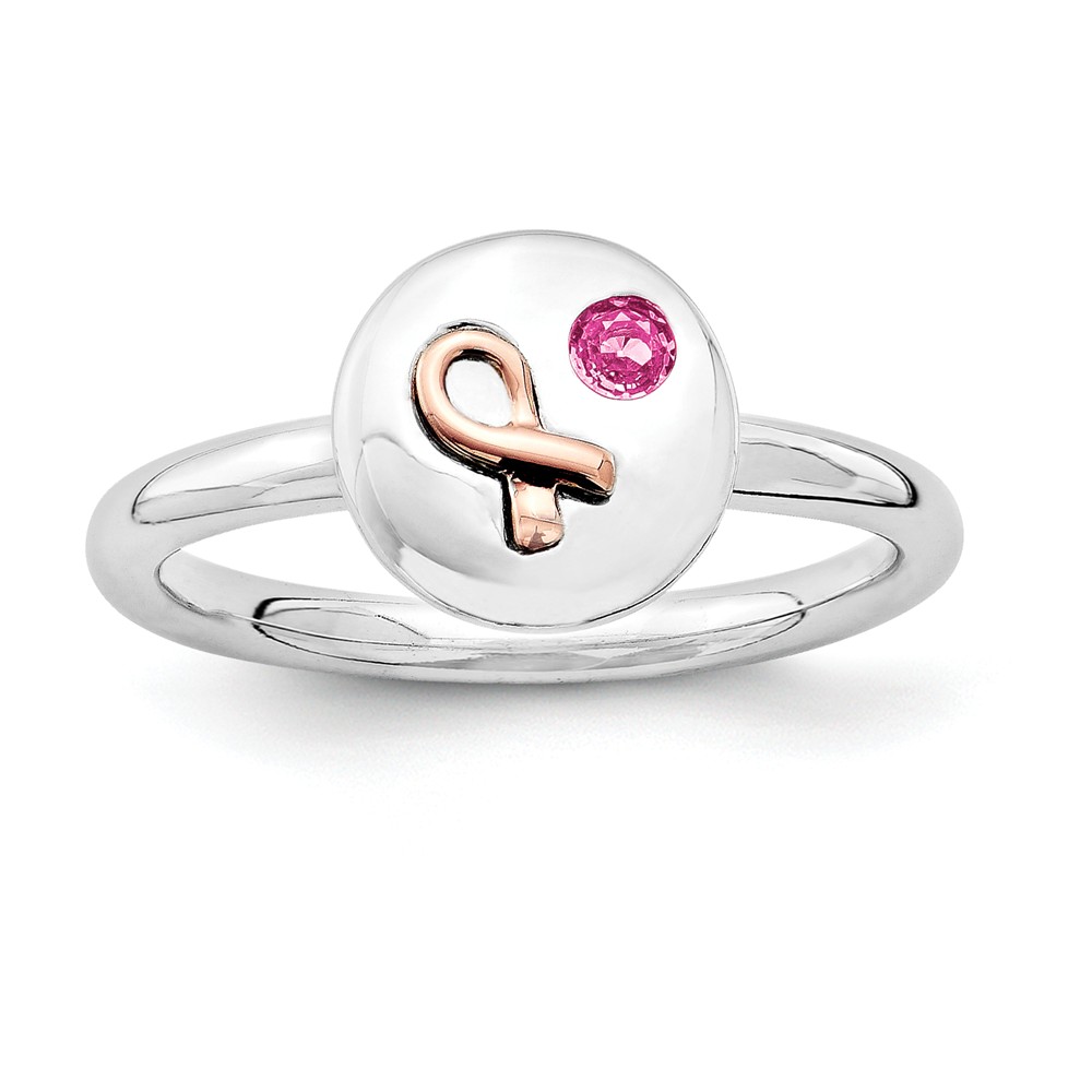 Sterling Silver 14k Rose Gold Ribbon Pink Sapphire 9mm Disc Stack Ring