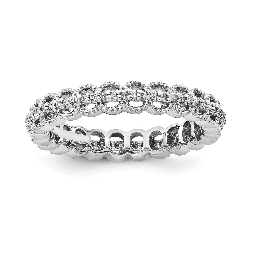 3.5mm Rhodium Plated Silver Carved .18Ctw Diamond Stackable Band