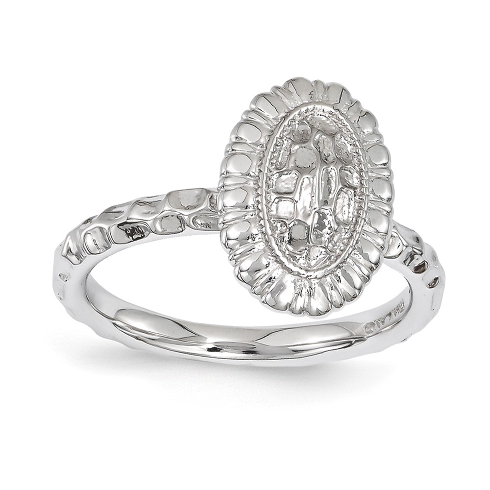 Rhodium Plated Sterling Silver Stackable Textured 12mm Oval Ring