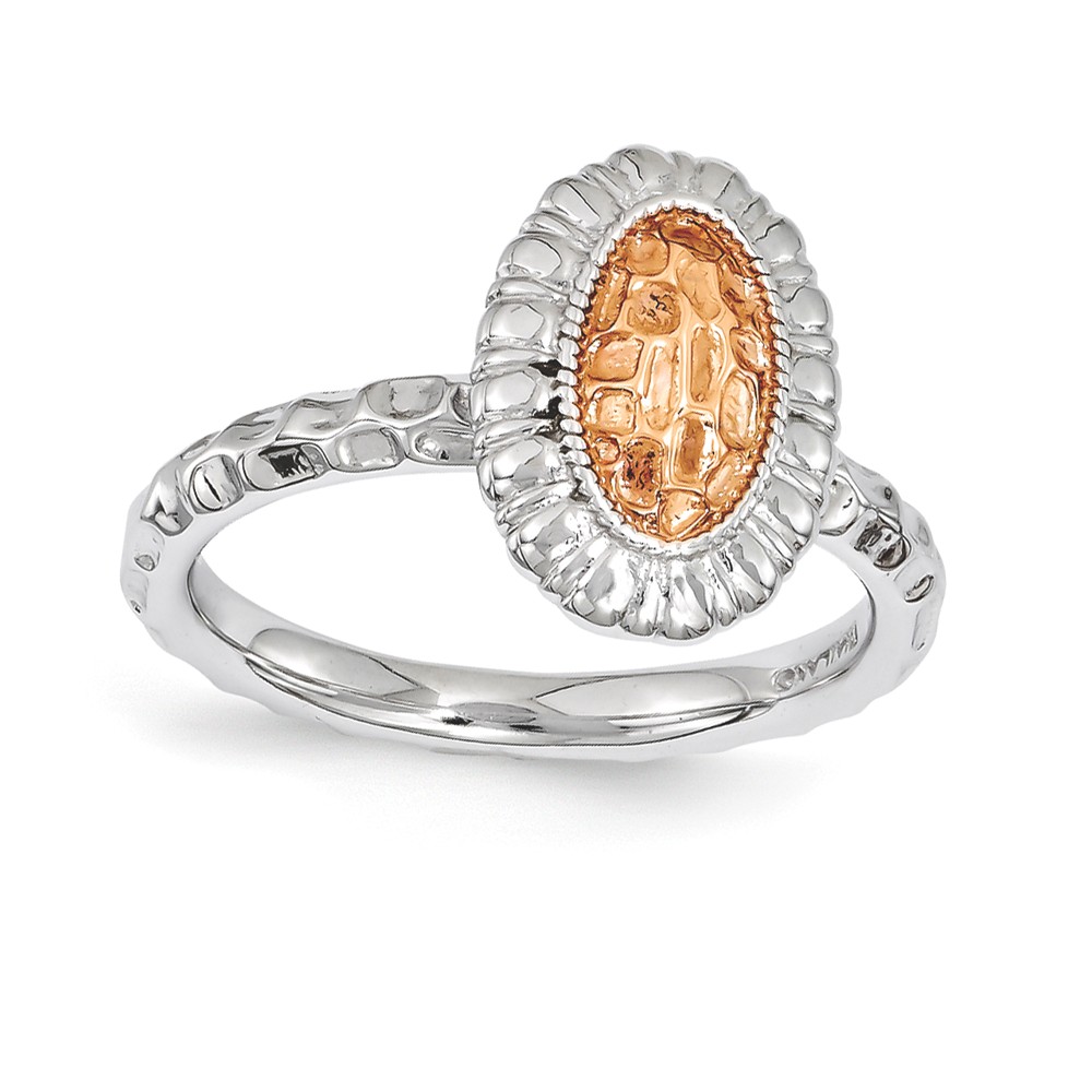 Sterling Silver Stackable Rhodium & Rose Gold Tone 12mm Oval Ring Sz10
