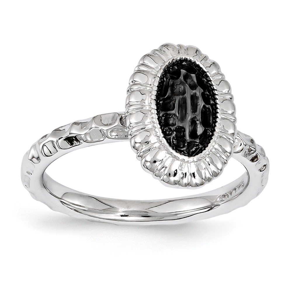 Sterling Silver Stackable Rhodium & Black Plated 12mm Oval Ring
