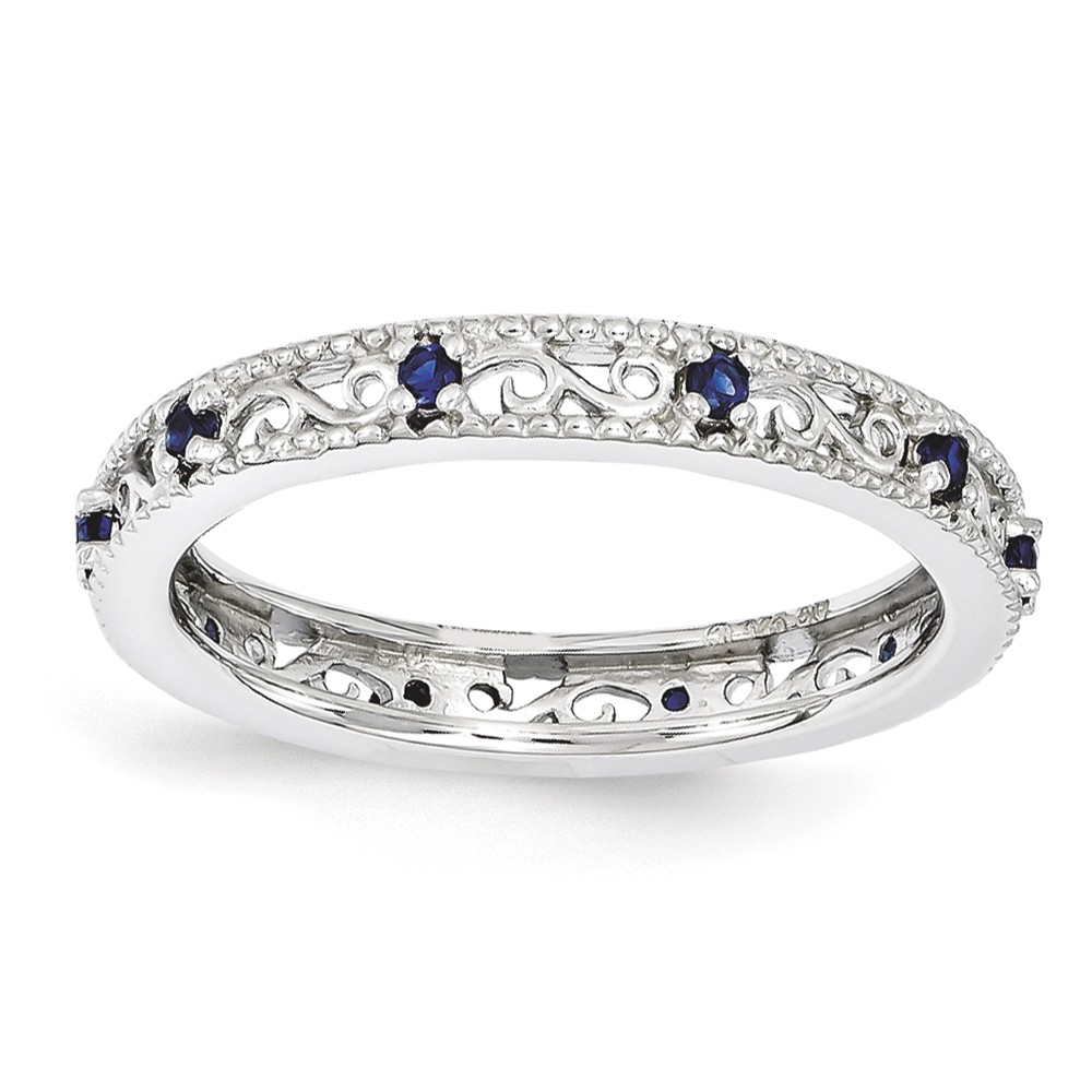3mm Sterling Silver Stackable Created Sapphire Scroll Band Size 7 3mm Sterling Silver Stackable Created Sapphire Scroll Band Size 7