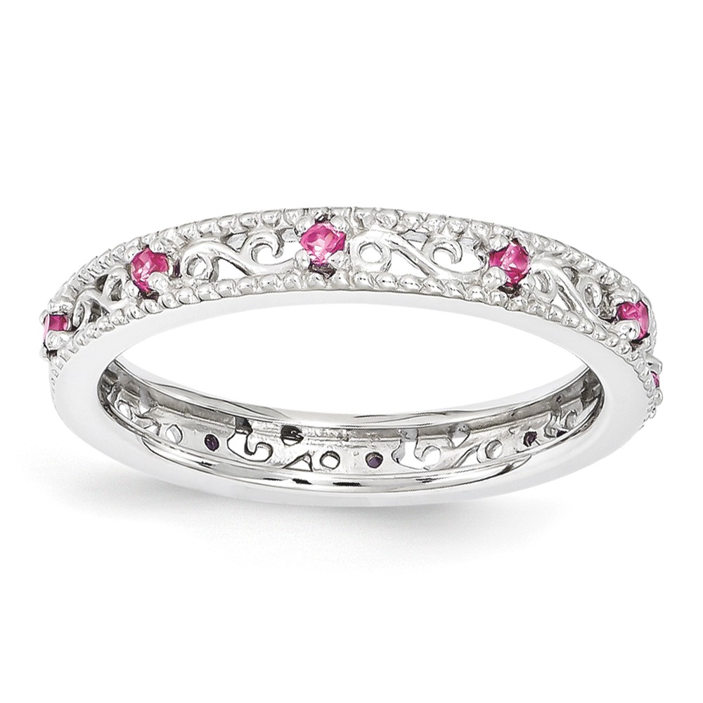 3mm Sterling Silver Stackable Created Pink Sapphire Scroll Band