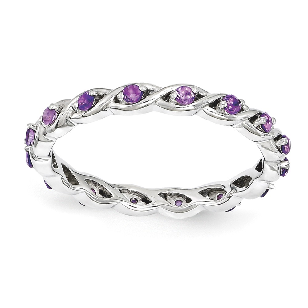 2.5mm Rhodium Plated Sterling Silver Stackable Amethyst Twist Band