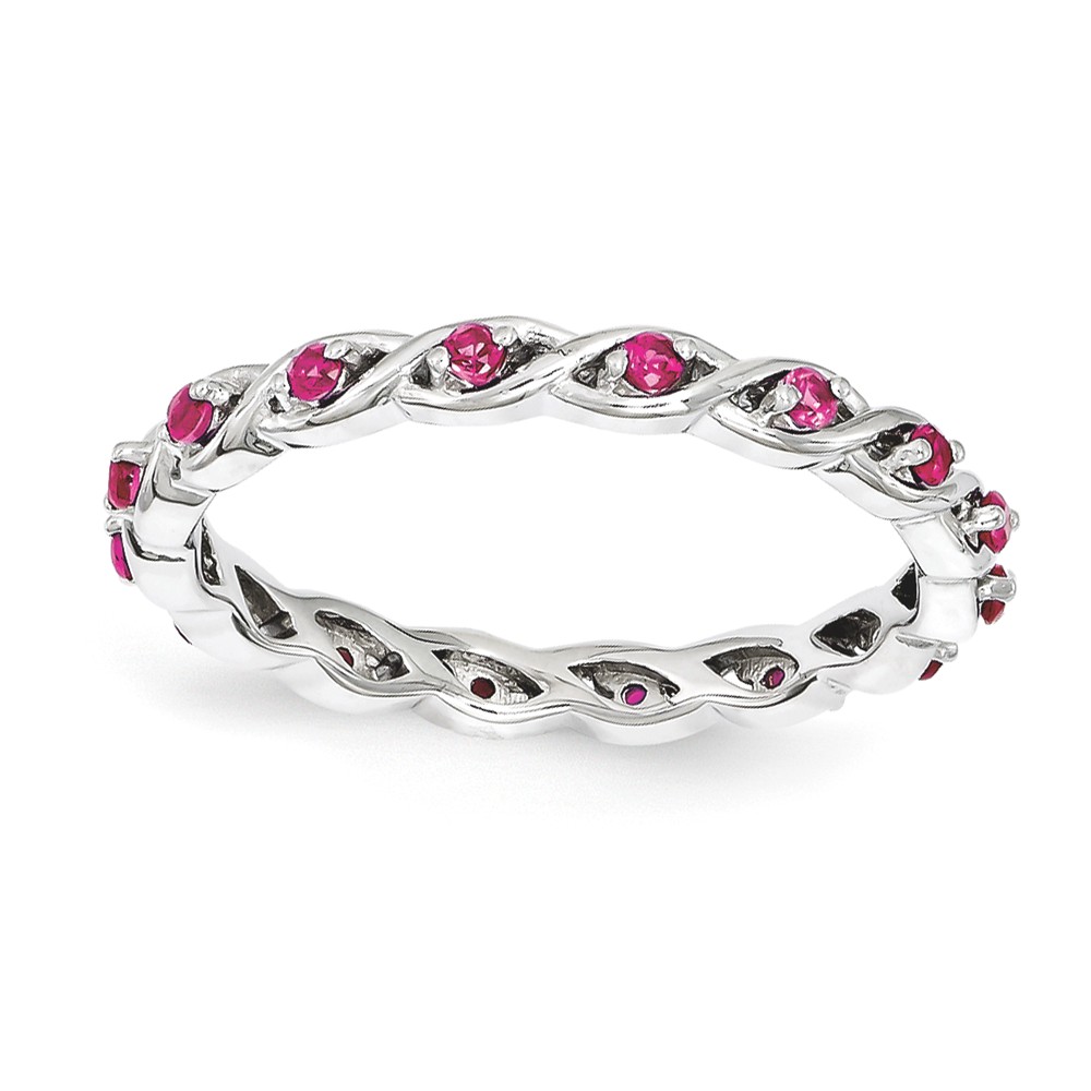 2.5mm Rhodium Plated Sterling Silver Stackable Created Ruby Twist Band