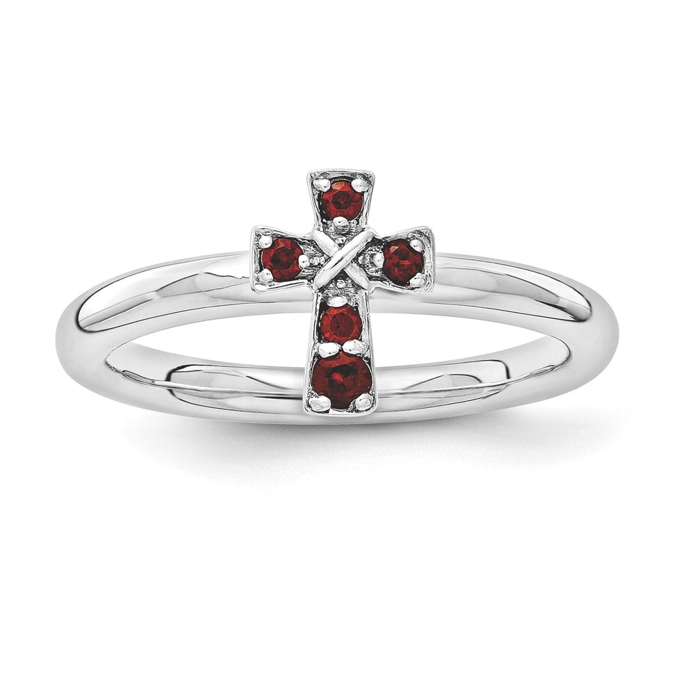 Rhodium Plated Sterling Silver Stackable Garnet 9mm Cross Ring