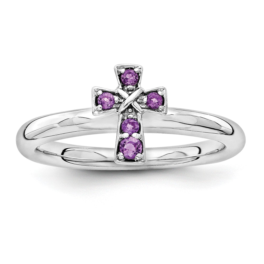 Rhodium Plated Sterling Silver Stackable Amethyst 9mm Cross Ring