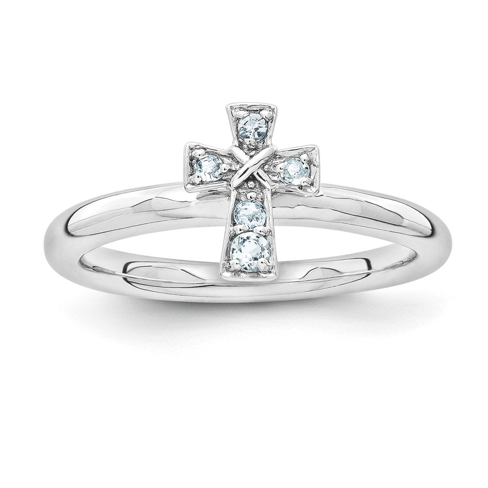 Rhodium Plated Sterling Silver Stackable Aquamarine 9mm Cross Ring