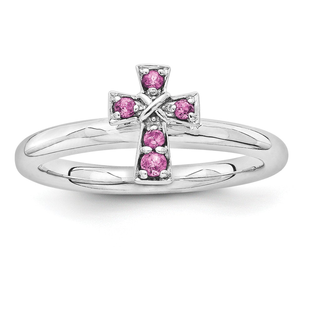 Rhodium Sterling Silver Stackable Rhodolite Garnet 9mm Cross Ring