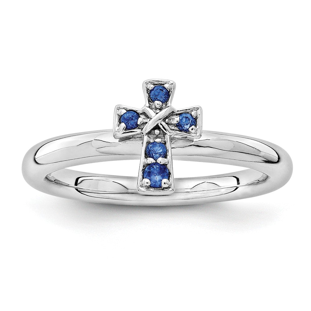 Rhodium Sterling Silver Stackable Created Sapphire 9mm Cross Ring