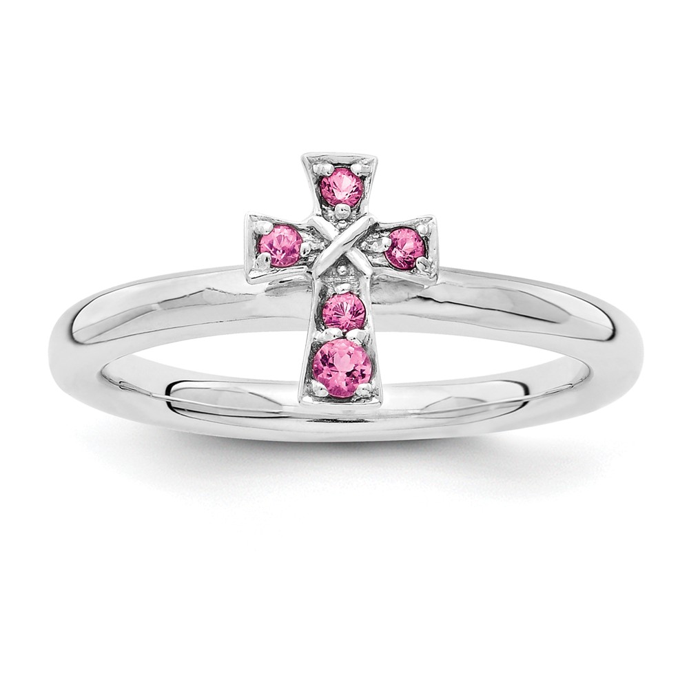 Rhodium Sterling Silver Stackable Pink Tourmaline 9mm Cross Ring