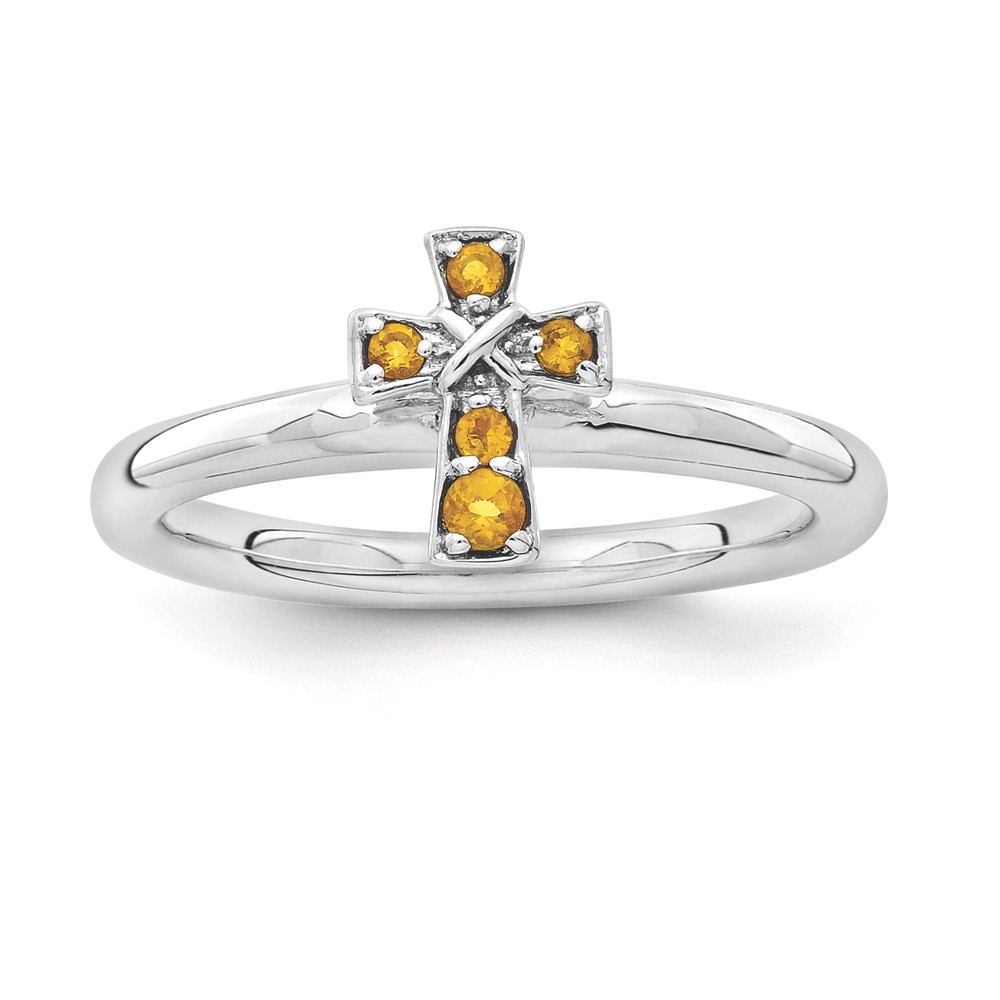 Rhodium Plated Sterling Silver Stackable Citrine 9mm Cross Ring