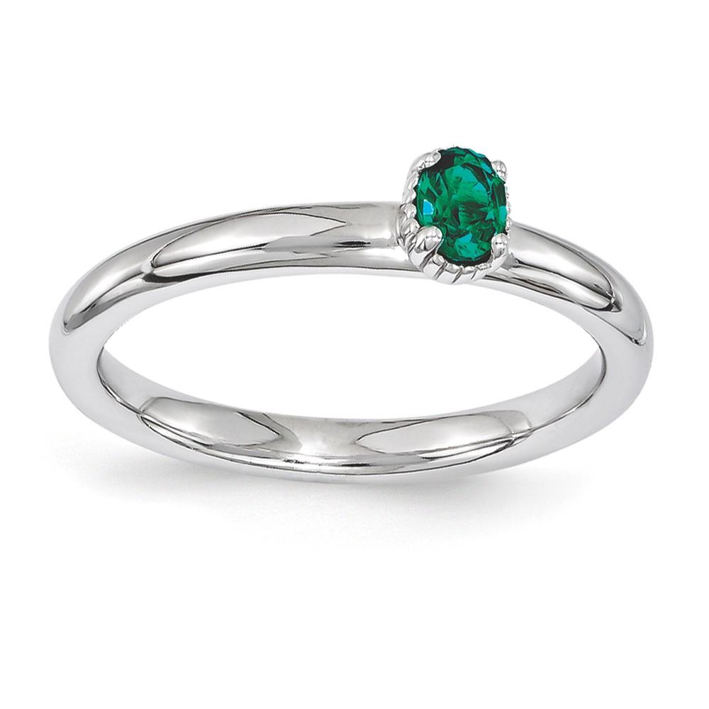 Sterling Silver Stackable Created Emerald Oval Single Stone Ring