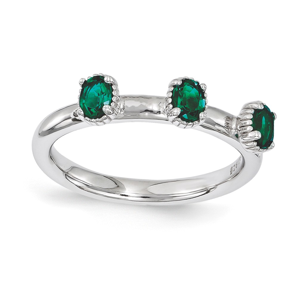 Sterling Silver Stackable Created Emerald Oval Three Stone Ring