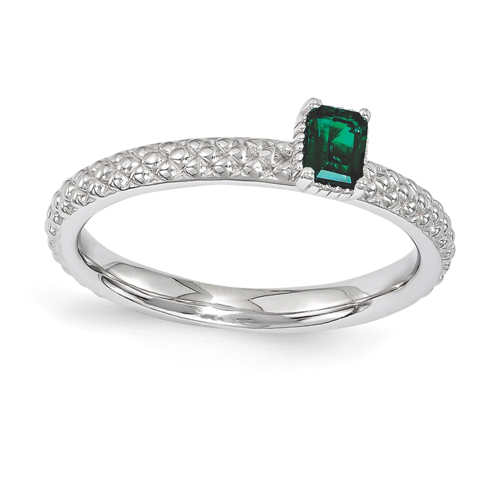 Sterling Silver Stackable Created Emerald Octagon Solitaire Ring
