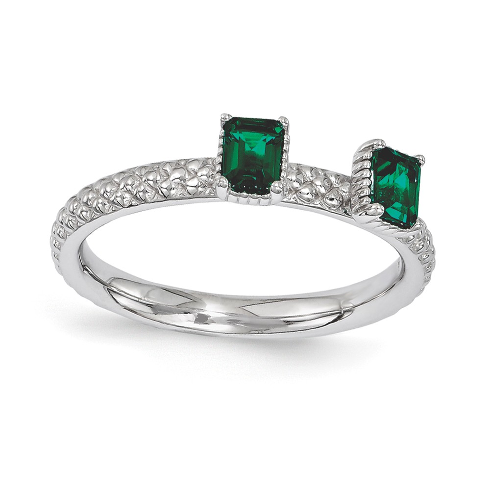 Sterling Silver Stackable Created Emerald Octagon Two Stone Ring