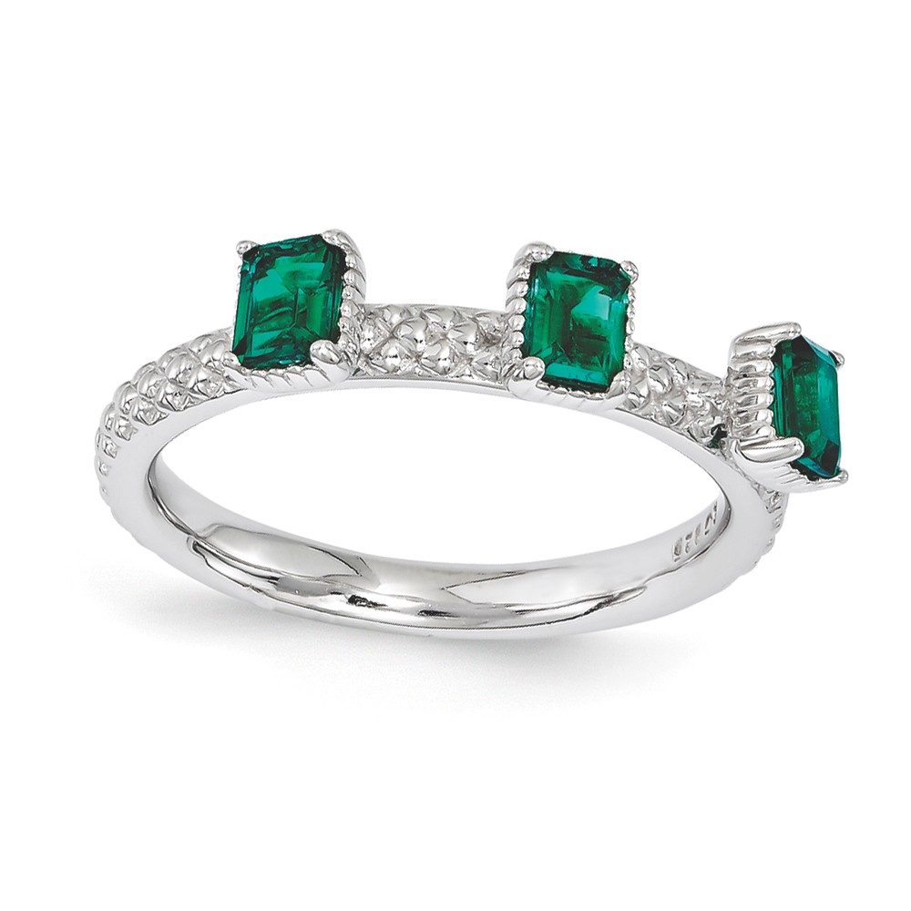 Sterling Silver Stackable Created Emerald Octagon Three Stone Ring