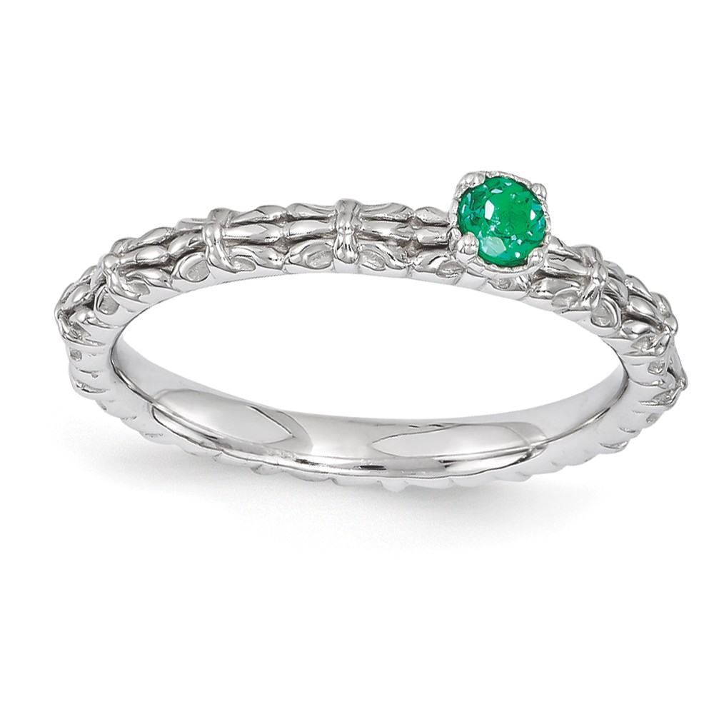 Sterling Silver Stackable Created Emerald Round Single Stone Ring