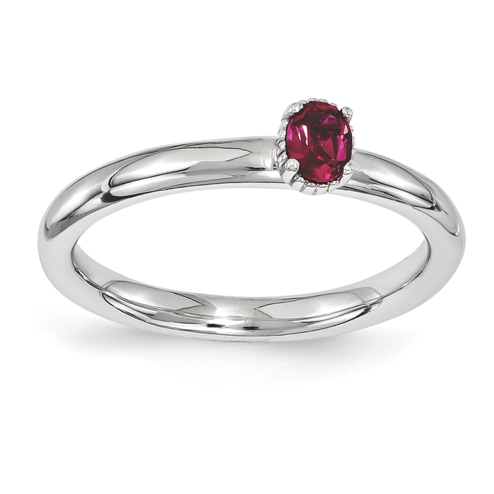 Sterling Silver Stackable Created Ruby Oval Single Stone Ring