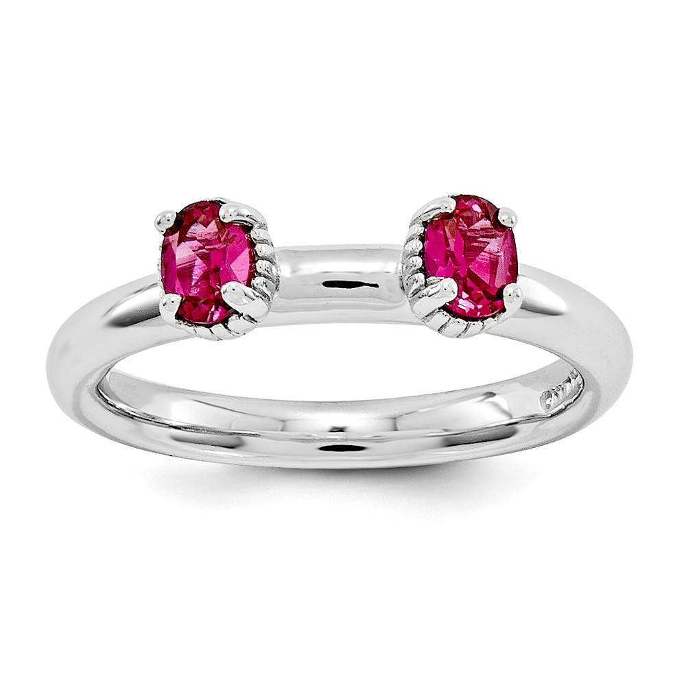 Sterling Silver Stackable Created Ruby Oval Two Stone Ring