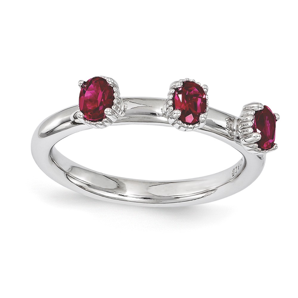 Sterling Silver Stackable Created Ruby Oval Three Stone Ring