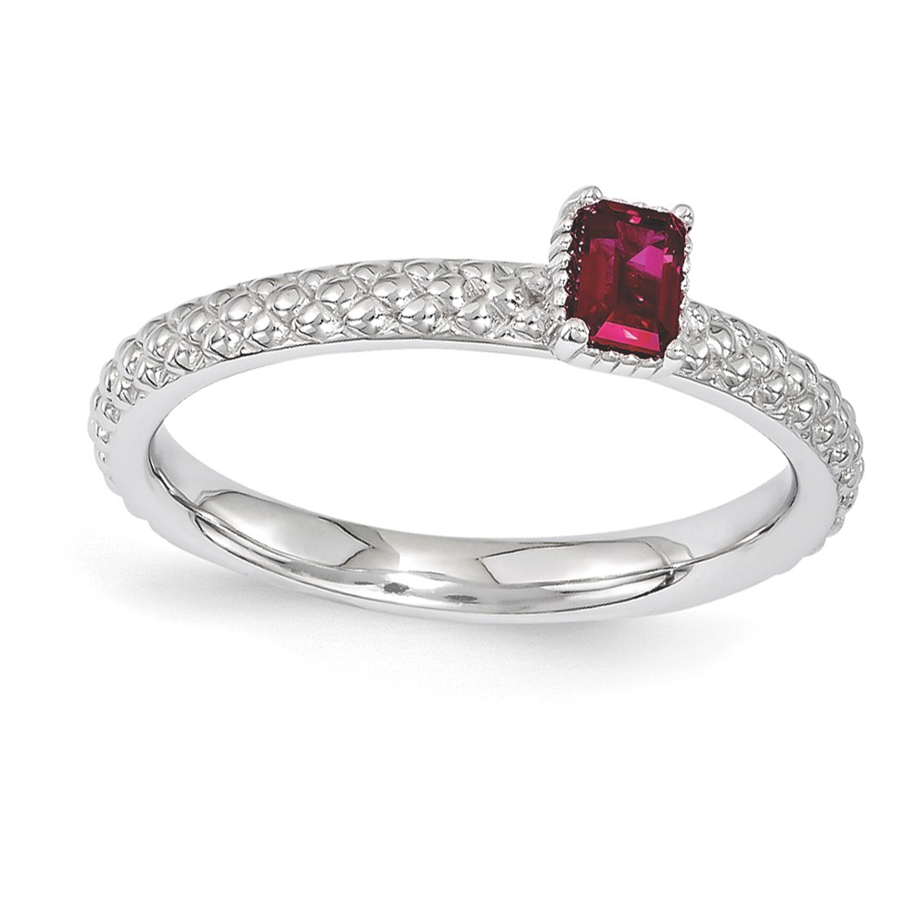 Sterling Silver Stackable Created Ruby Octagon Solitaire Ring