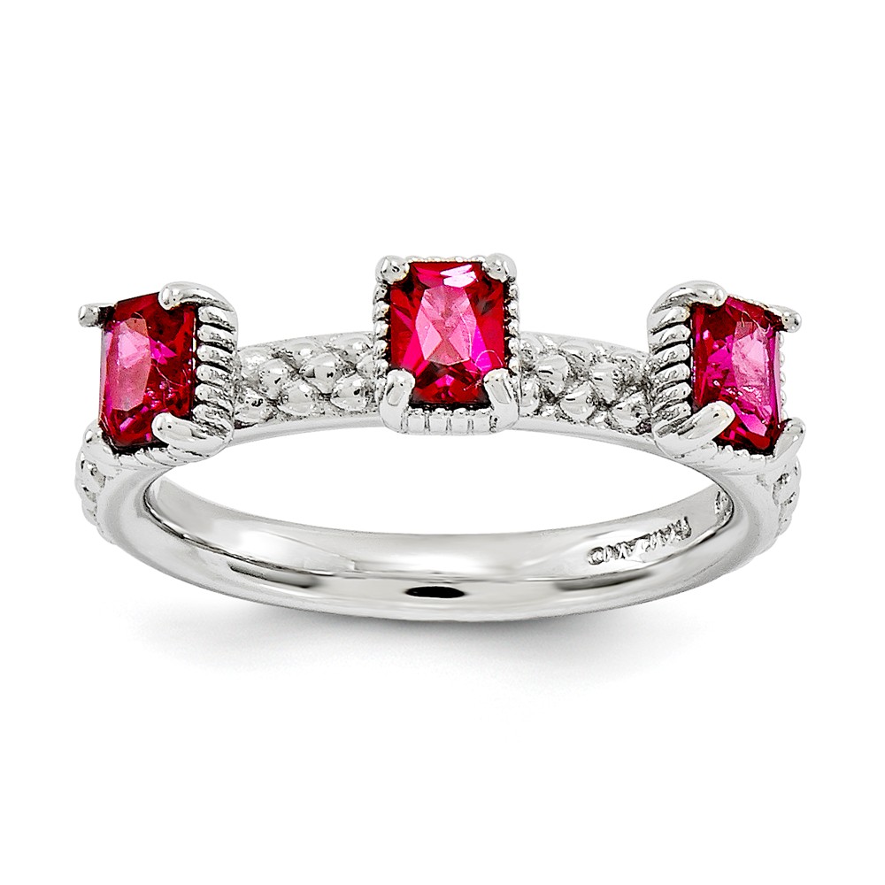Sterling Silver Stackable Created Ruby Octagon Three Stone Ring