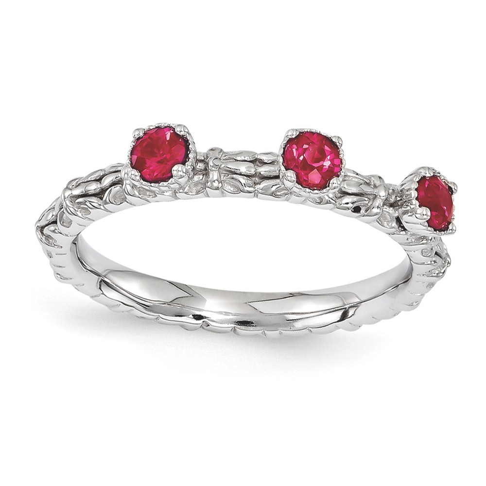 Sterling Silver Stackable Created Ruby Round Three Stone Ring