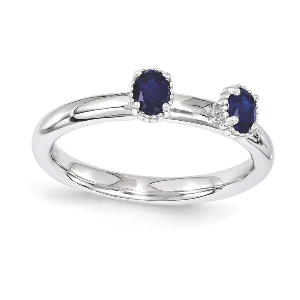 Sterling Silver Stackable Created Sapphire Oval Two Stone Ring
