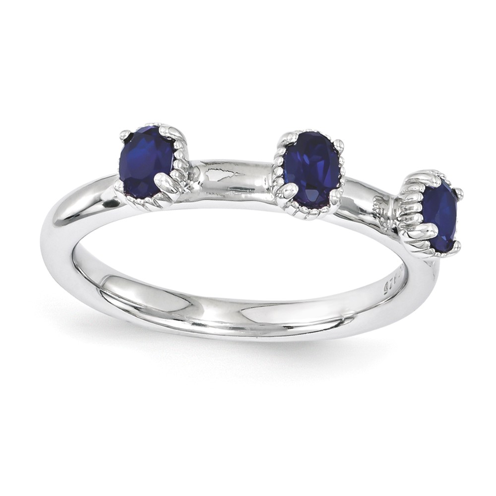 Sterling Silver Stackable Created Sapphire Oval Three Stone Ring