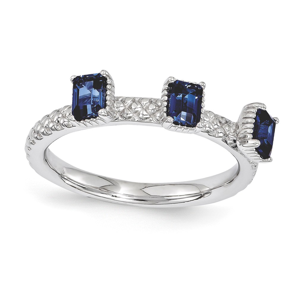 Sterling Silver Stackable Created Sapphire Octagon 3 Stone Ring