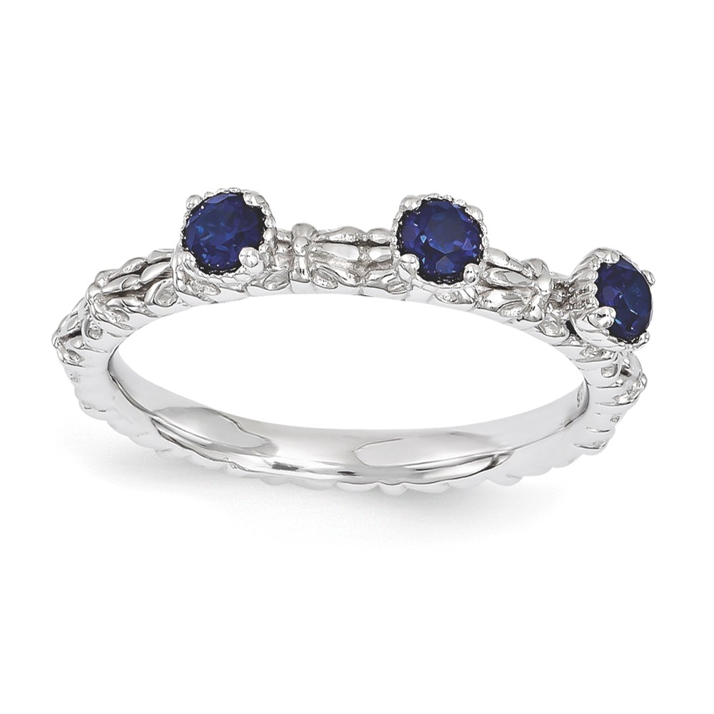Sterling Silver Stackable Created Sapphire Round Three Stone Ring