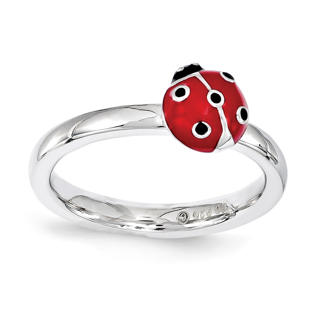Sterling Silver Stackable Red & Black Enamel 8mm Ladybug Ring