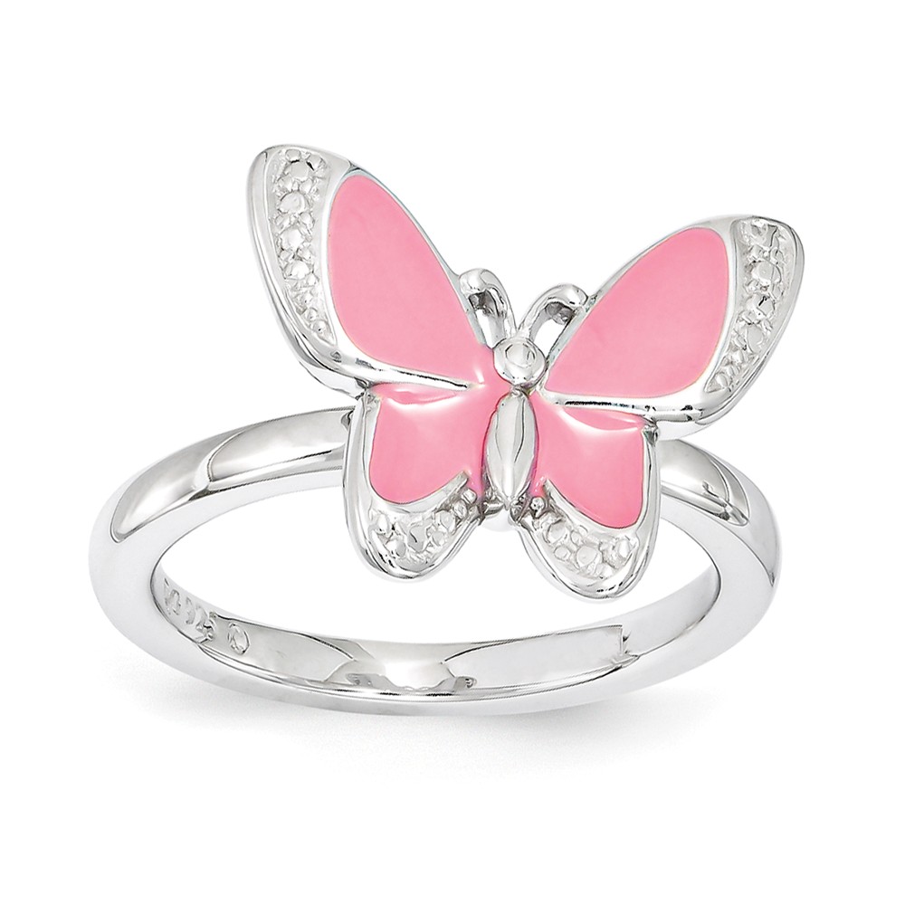 Sterling Silver & Pink Enamel Stackable 12mm Butterfly Ring