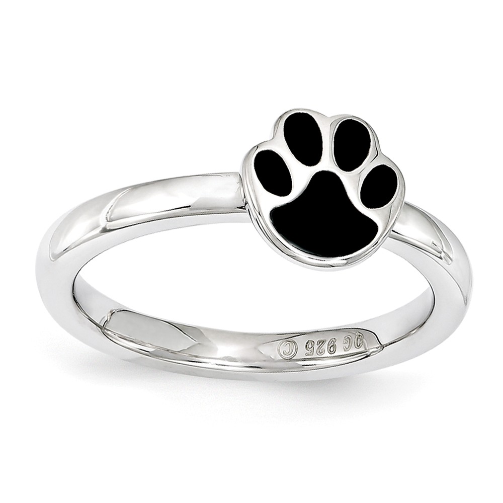 Sterling Silver Stackable Expressions 7mm Black Enamel Paw Print Ring