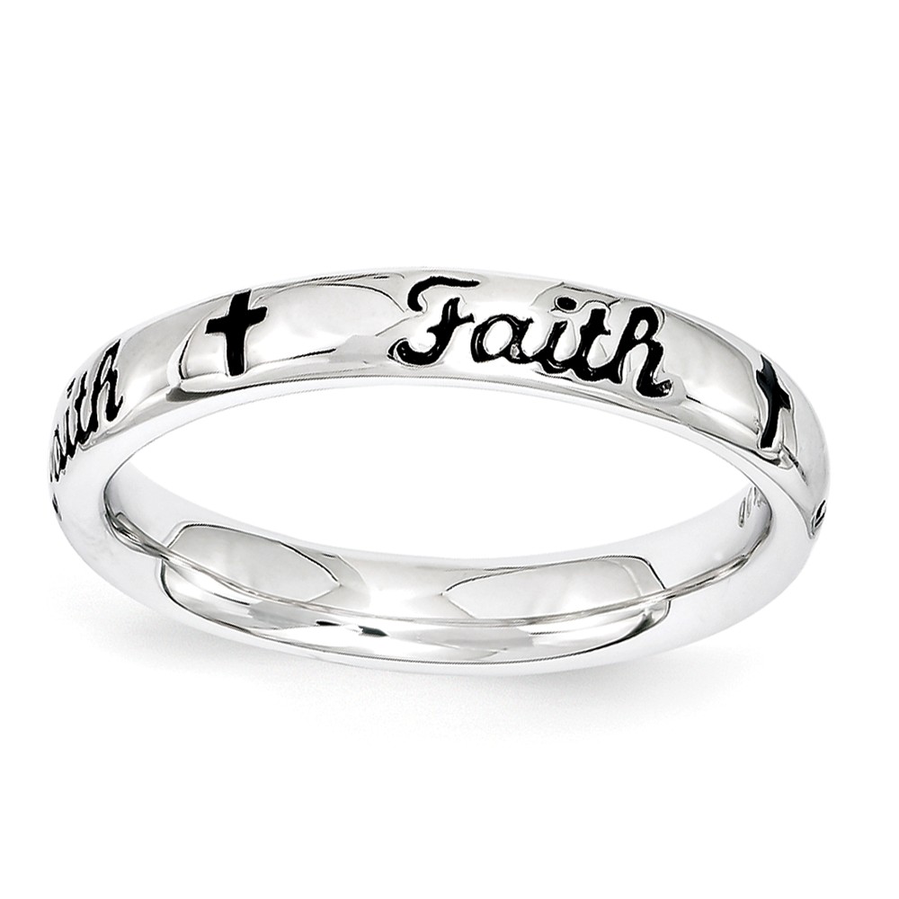 3.5mm Sterling Silver Stackable Black Enamel Faith Script Band