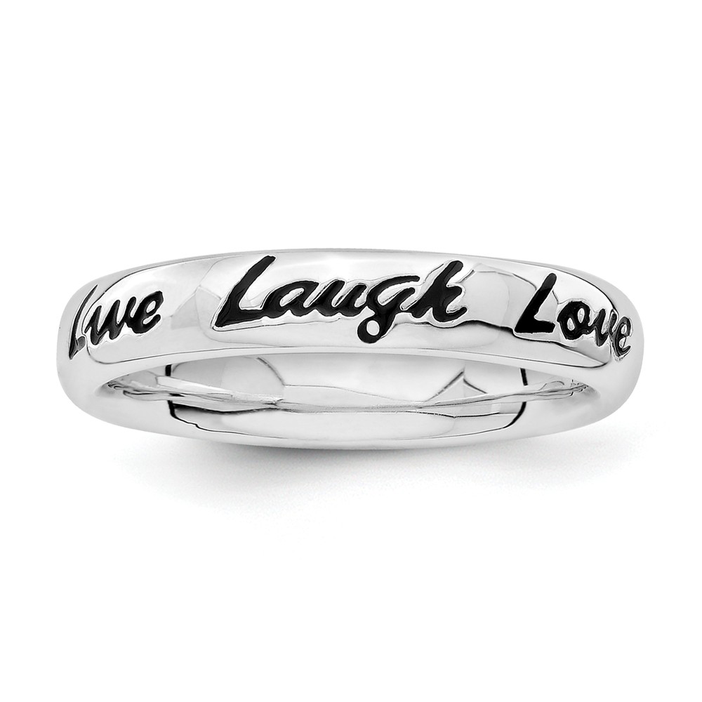 4mm Sterling Silver Stackable Black Enamel Live Laugh Love Script Band