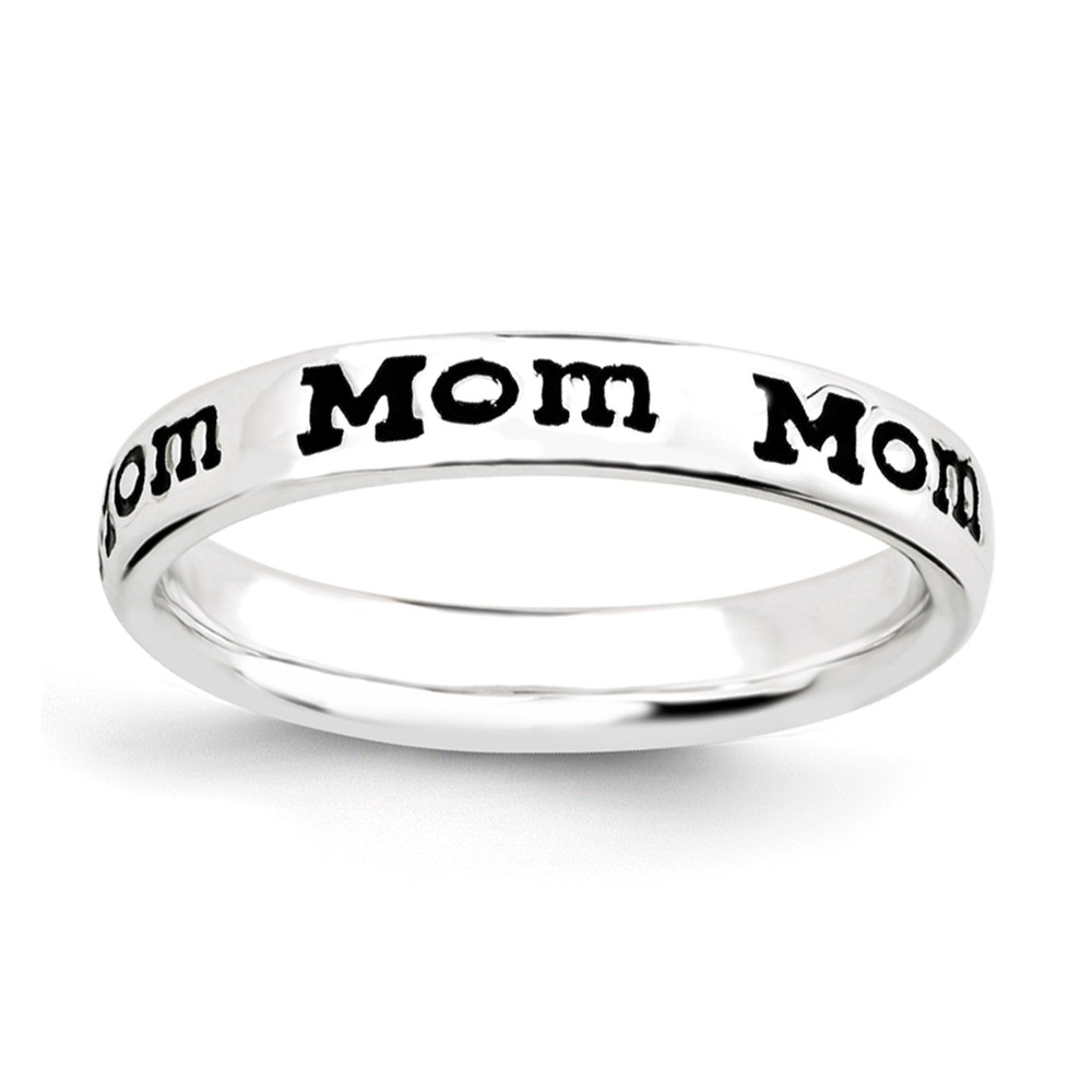 3.5mm Sterling Silver Stackable Black Enamel Mom Script Band
