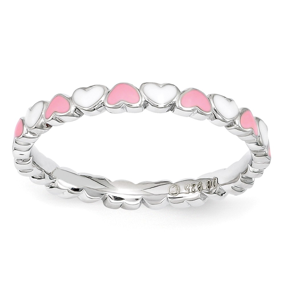 2.5mm Sterling Silver Stackable Pink & White Enamel Heart Band